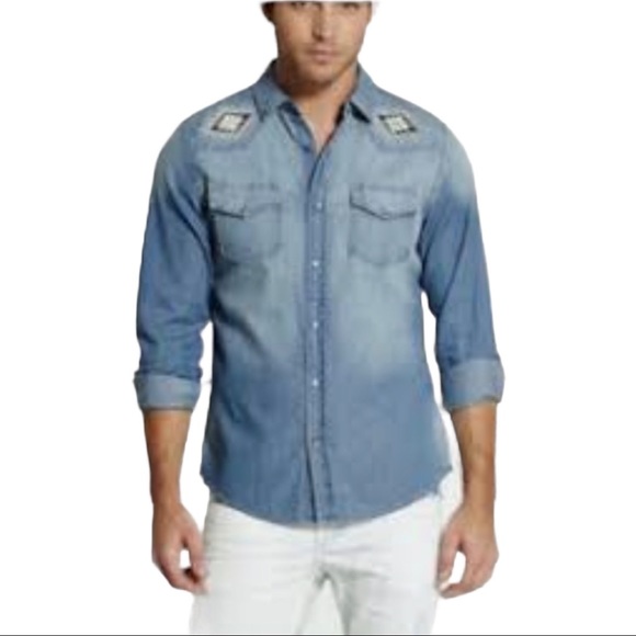 Guess Other - Guess Western Slim Fit Soloman Chambray Snap Front Shirt Size Large